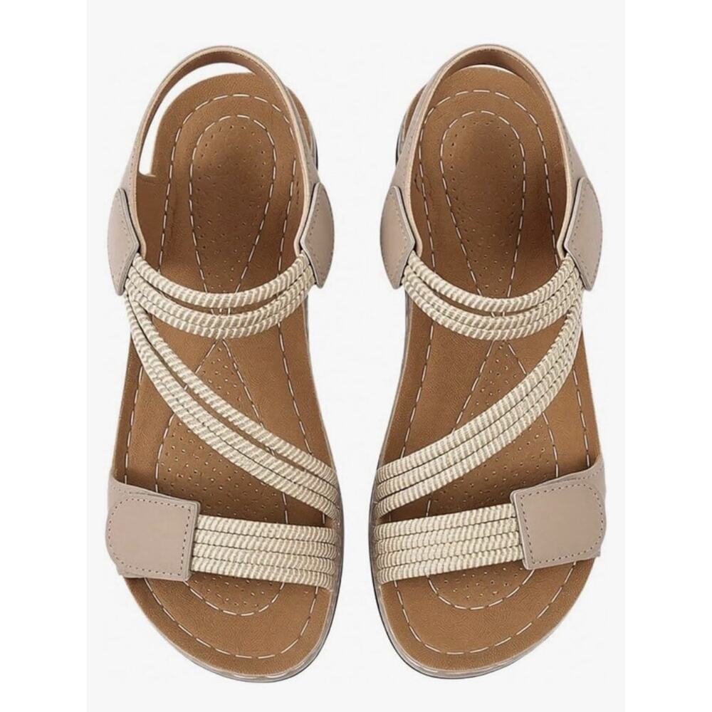 Women’s Minimalist Flat Strappy Adjustable Sandals Braided Design Beige Size 8